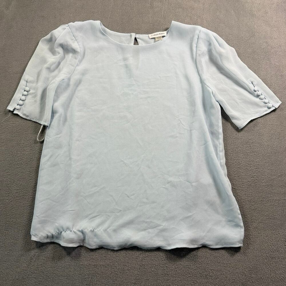 Calvin Klein Womens‎ Small Light Blue Button Sleeve Blouse Top Chiffon Casual